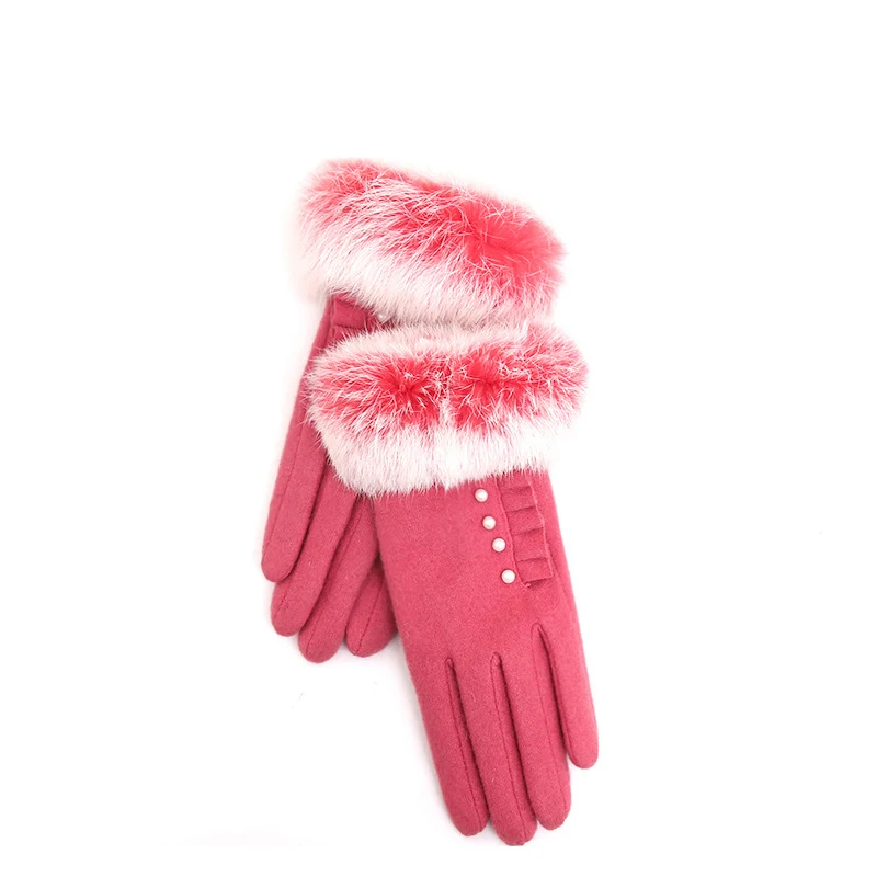 Custom Fashion Colorful Fluffy Rabbit Fur Cuff Gloves for Ladies Winter Woolen Warm Gloves for Women with Custom Label