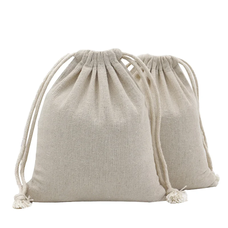 
Stock Natural Cotton Linen Drawstring Bag with Logo Print Custom Eco Linen Draw String Gift Rice 