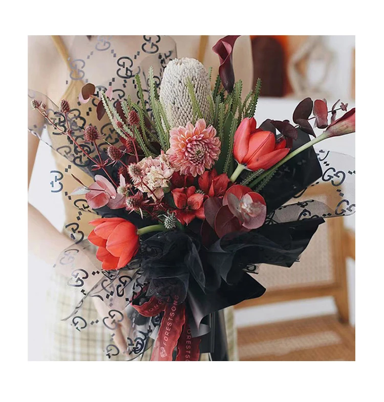 custom logo gift rose bouquet packing printing waterproof transparent korean tissue flowers wrapping paper packaging for floral