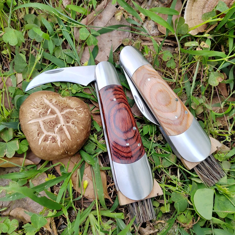 Hot selling wood handle Truffle knife camping folding mushroom knife with brush
