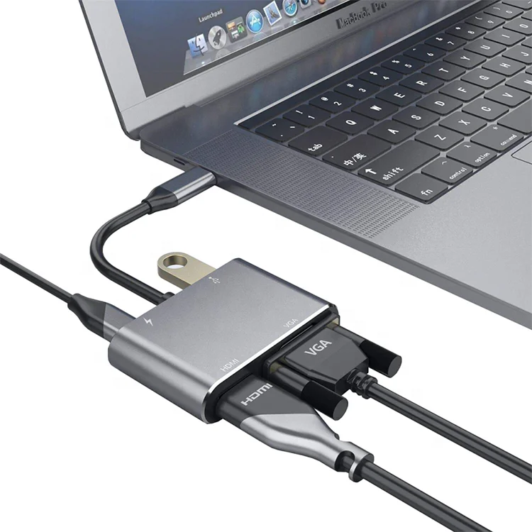 USB C HUB 4 in 1 aluminum material faster data transfer USB C to Type-C+HDTV+VGA+USB 3.0 adapter 4 pots adapt