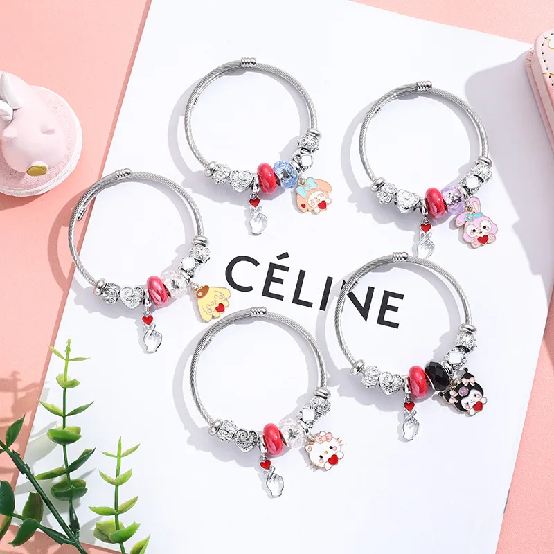 New Hot Kids Student Bracelets Gifts Girls Children Cartoon Animal charm bracelet Glass beads adjustable stainless steel Bangles