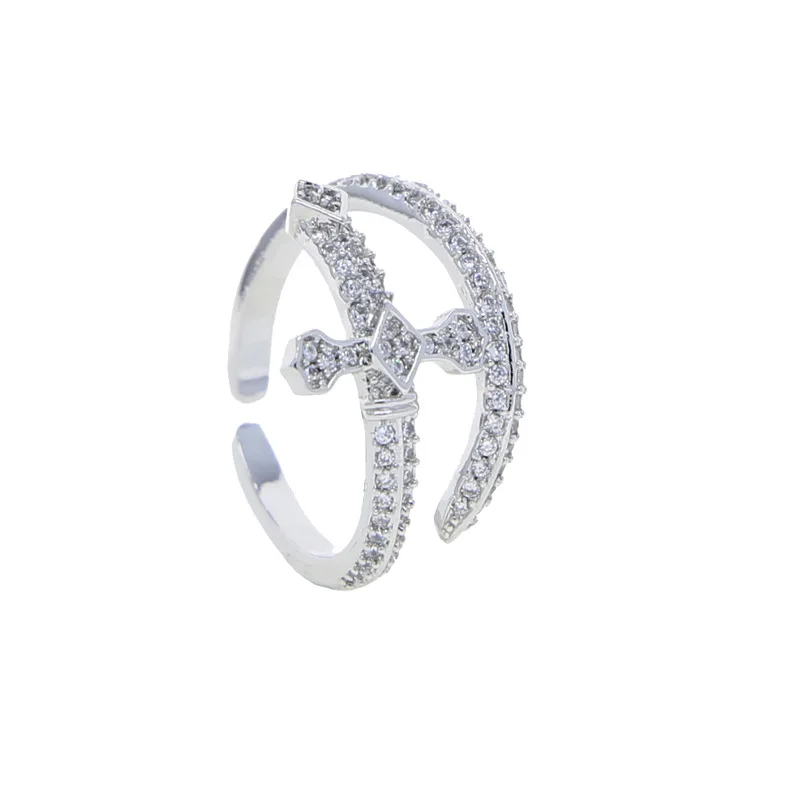 Hip Hop Personalized Men Women Cuff Ring Iced Out Bling Diamond CZ Adjustable Sword Ring Jewelry