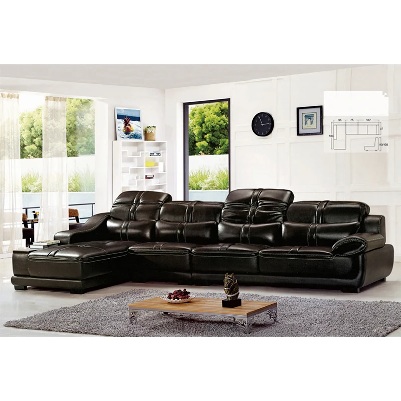 American Style Modern Modular Black Leather Sofa Set Furniture Living Room Lounge Couch Luxury Villa L Shape Sectional Sofa
