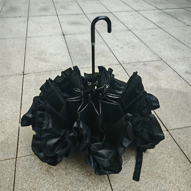 Black Automatic Folding Umbrella Three Folding Sun Shade Umbrella Full Over UV Black Coating UV Protection with Ruffle