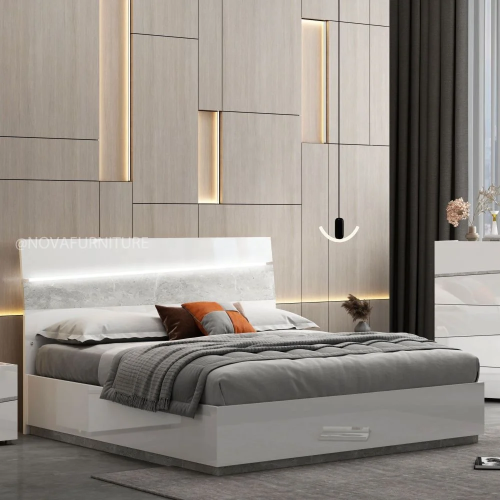 Nova Modern White Double Super king LED Bed Frame With Storage