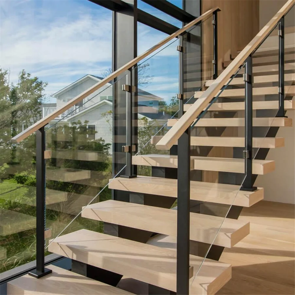 CBMmart Modern Style U Shape Walnut Solid Wood Stair Treads Steel Beam Support Interior LED Lights Stairs