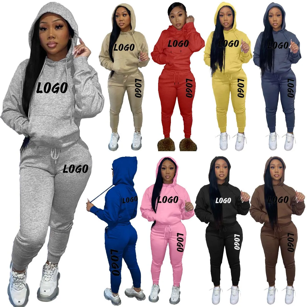 Custom Logo Long Sleeve Hat Top Fit Pants And High Quality Cotton Two Piece Set Women Clothing Gym Joggers And Hoodie Set