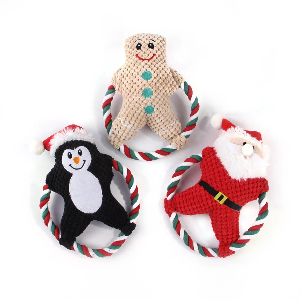 Christmas Santa Claus Plush Pet Dog Durable Toy Soft Stuffed Squeaky Cotton Rope Interactive Chew Toy