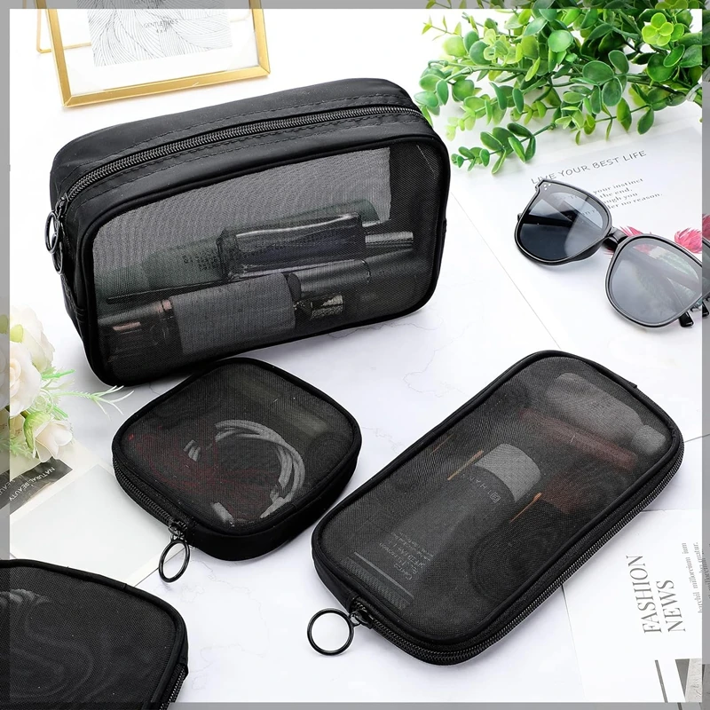 Custom Logo Mesh Makeup Bag Transparent Travel Toiletry Accessories Bag with Zipper Mini Make up Pouch Wash Purse Cosmetic Bags