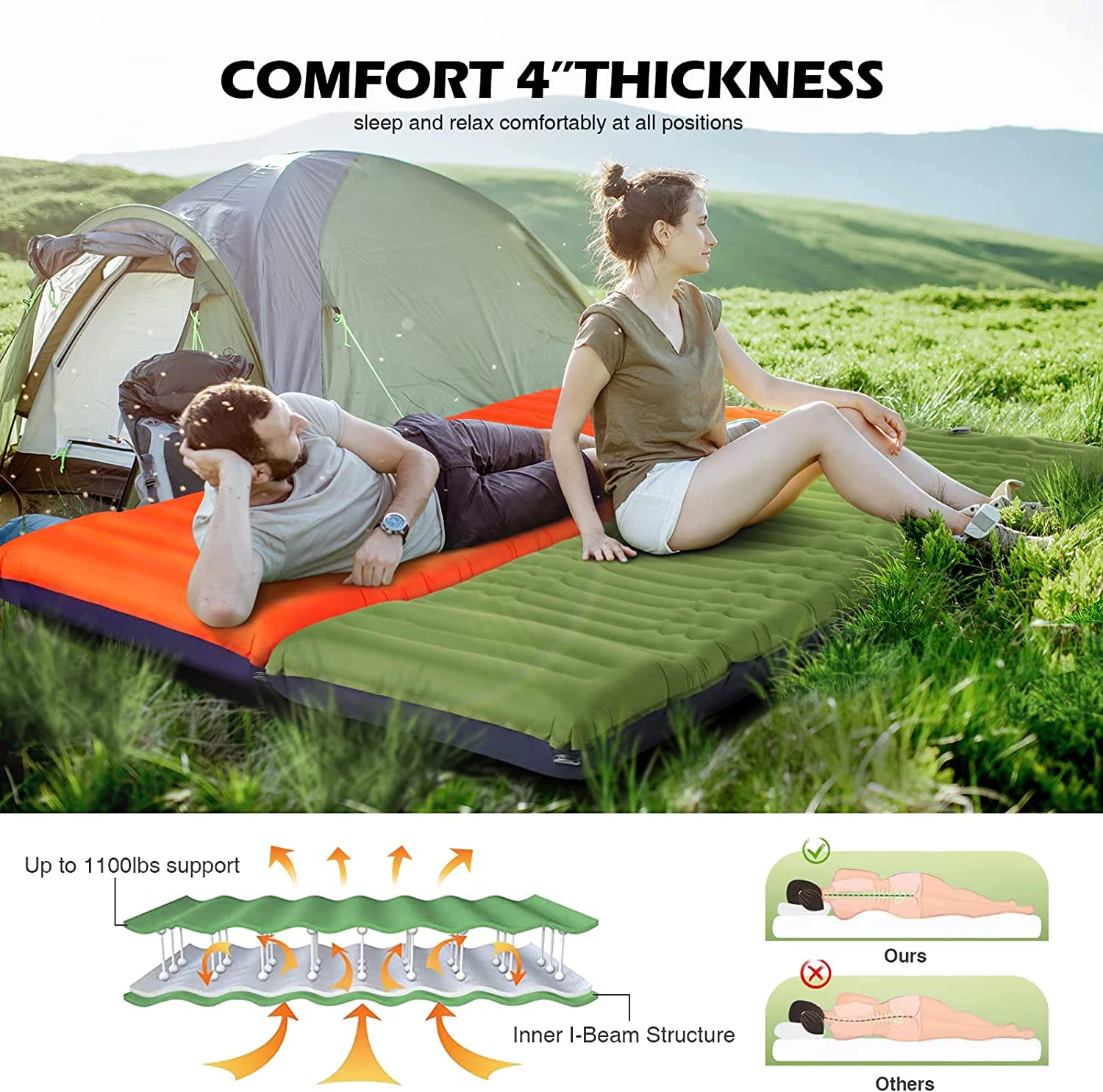Outdoor Camping Sleeping Pad with Pillow Inflatable Sleeping Mat Lightweight Waterproof Camping Pad with Built-in Pump Air Mat