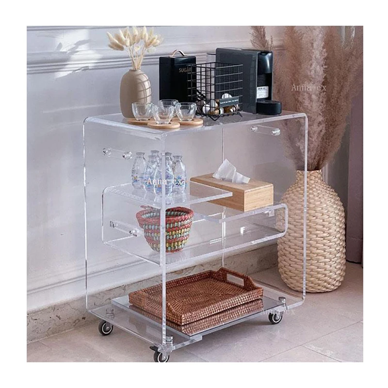 2022 Assembly Elegant Designed 3 Shelves Clear Acrylic Lucite Serving Cart Hotel Rolling Trolley Cart For Food Serving