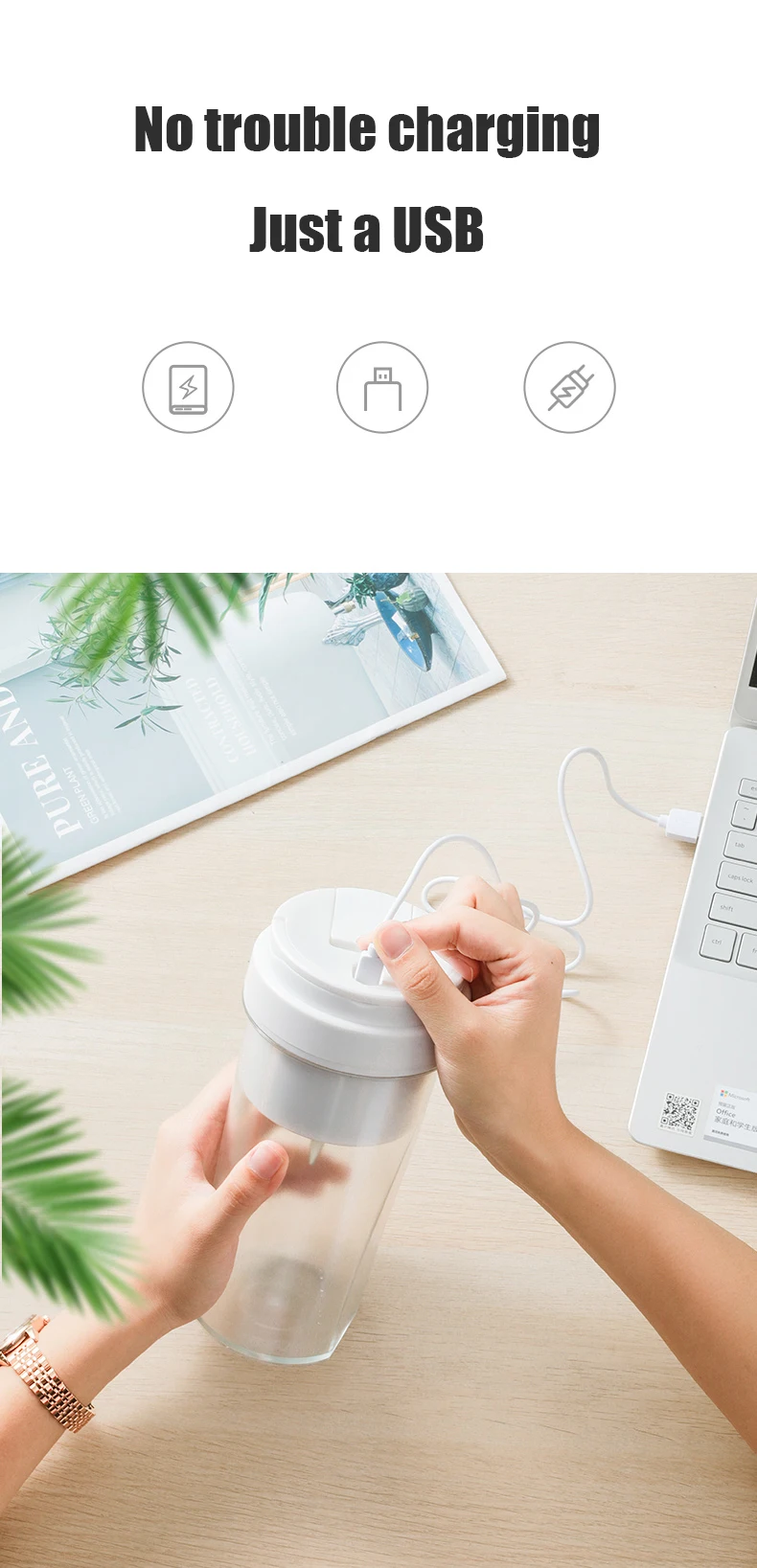 Factory Directly OEM 7.4V 6 Blades Usb Portable Blender Wireless Electric Juicer Blender Cup With 304 SS,ABS,PC Or Tritan