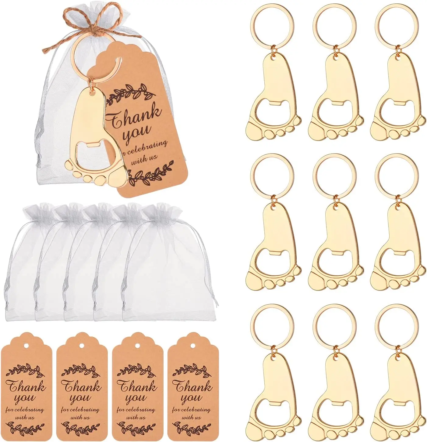Golden Footprint Key chain Bottle Opener Baby Shower Favors Souvenirs with Organza Bags and Thank You Tag