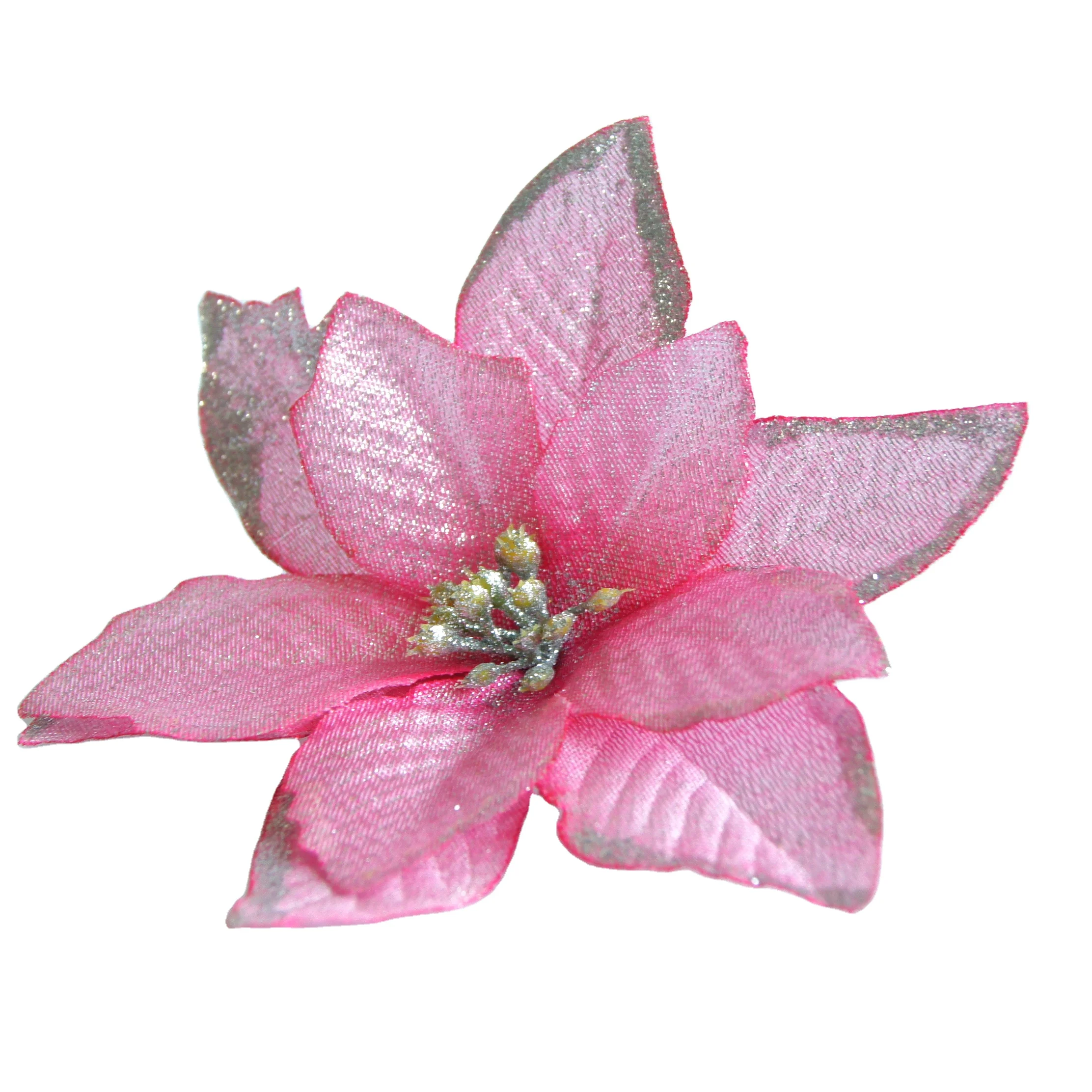 Velvet fabric Xmas poinsettia flowers stem with glitter for Christmas tree decor wholesale