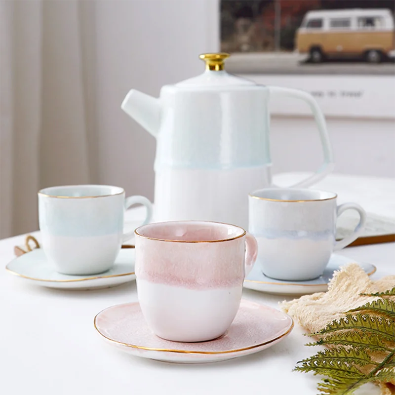 modern luxury ethiopian gold  style white pink blue color ceramic porcelain coffee tea cup saucer teapot set