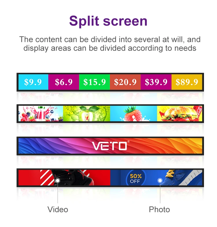 Free CMS Software Indoor Shelf Advertising Screen Android Stretched Bar Type Lcd Display For Store Shelves