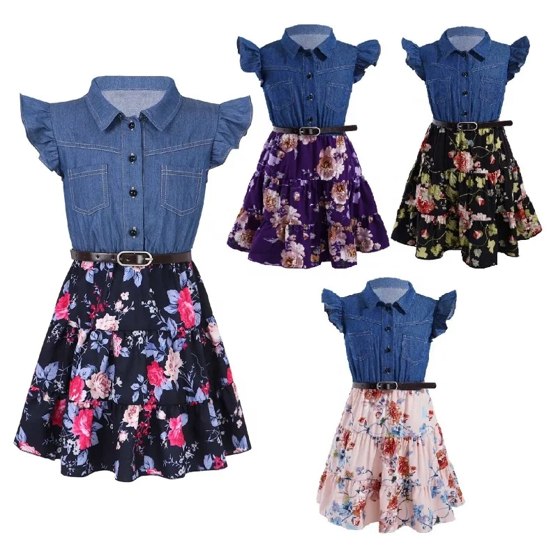 2-14 13 Year Old Casual Kids Dress Designs Korean Denim Child Summer Floral Print Toddler Girls Dresses