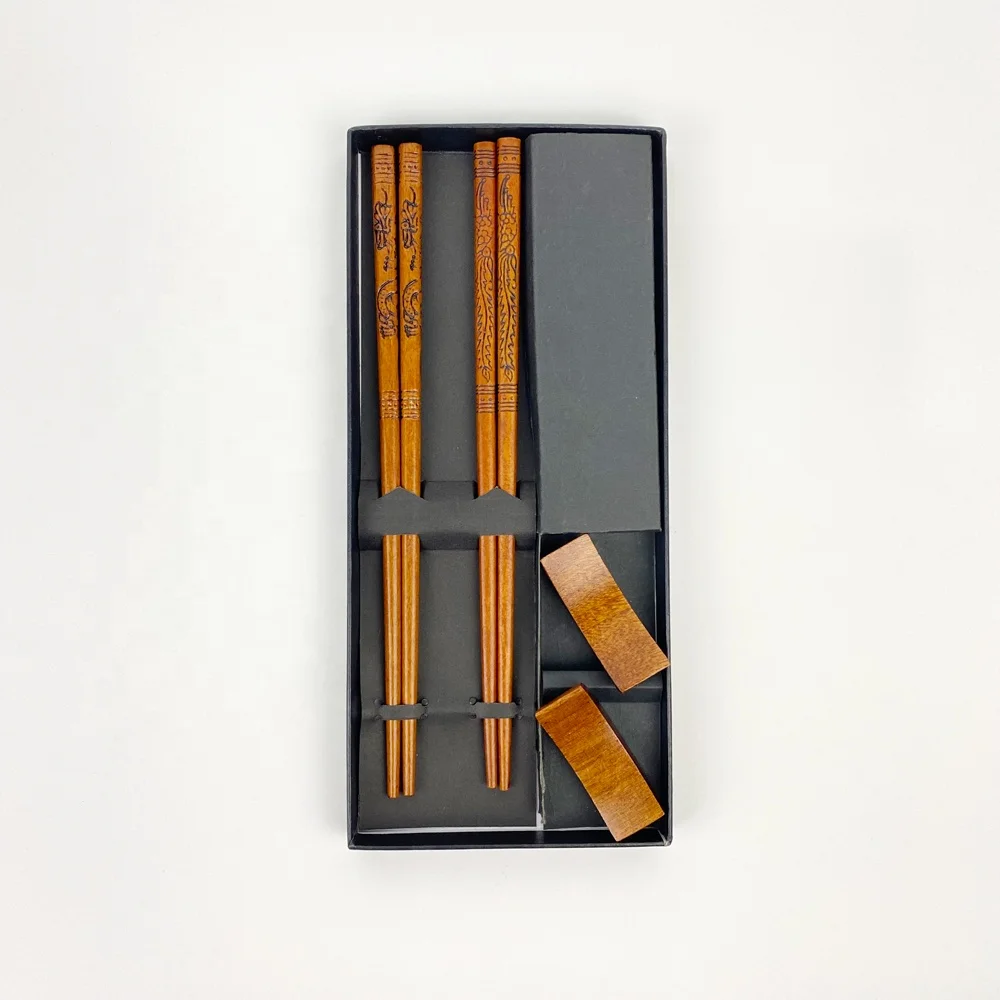 Vintage Chinese Dragon and Phoenix Pattern Natural Wood Chopsticks Couple Chopstick Set