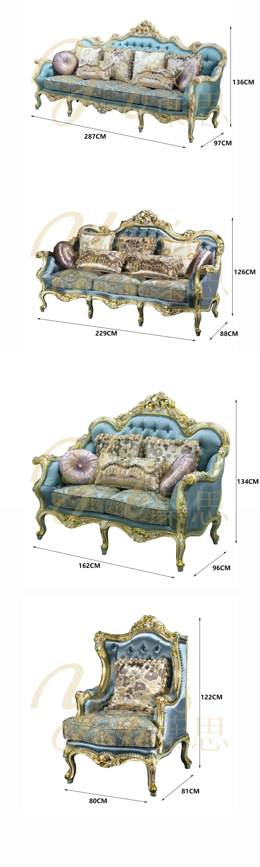 Yips LD-1203-0154 French Series Handpainted Rose Pattern Classical Luxury 3 Seater Sofa With Fabric