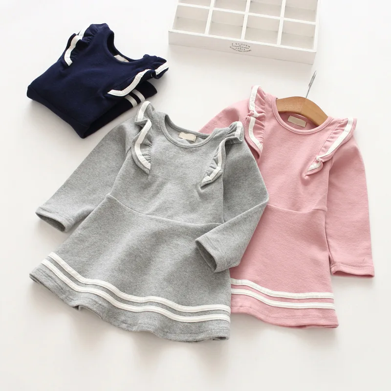 wholesale spring autumn striped casual o-neck A-line hem long sleeve girl dress