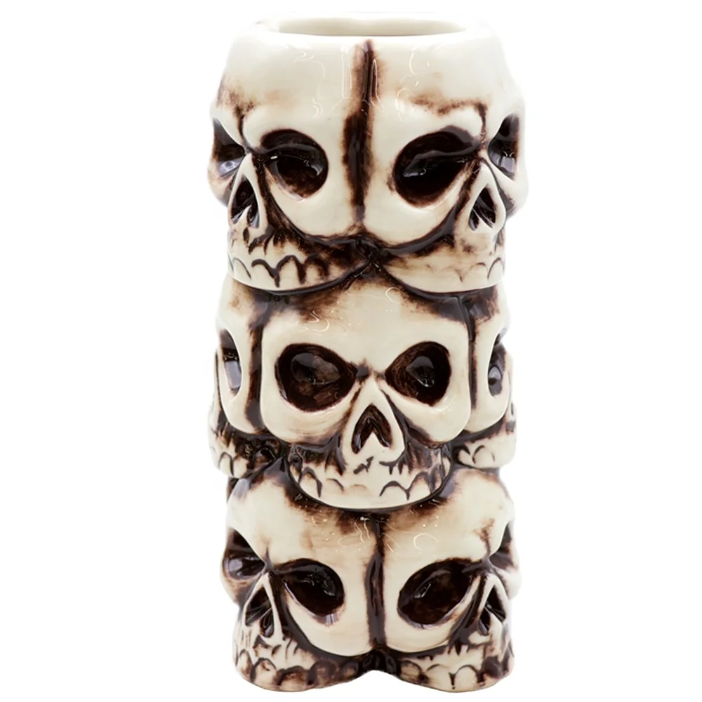 Custom color high grade wholesale Halloween barware skeleton themed creative ceramic stacked skulls tiki mug