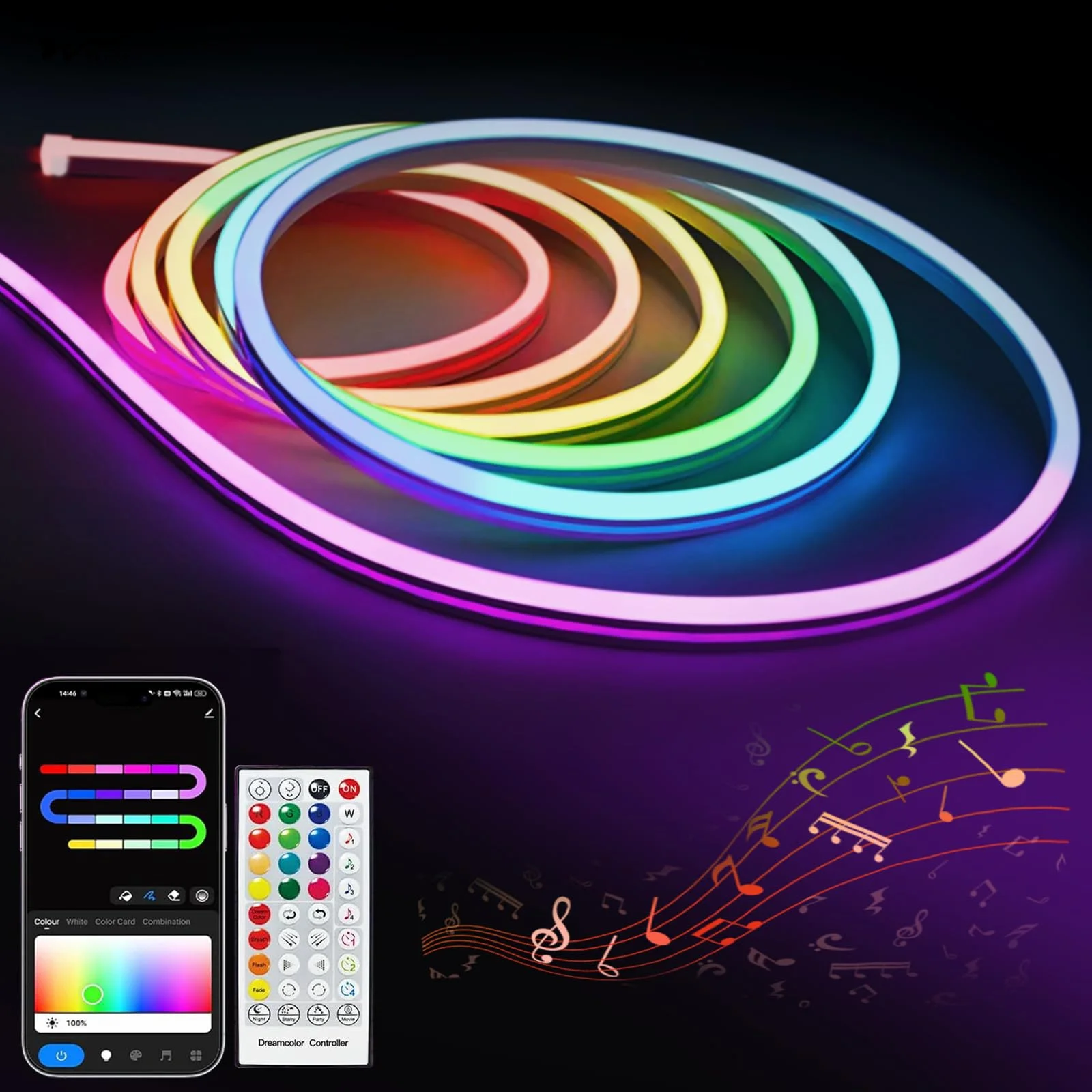Neon Rope Light, 10ft/3M RGB+IC LED Rope Lights, Music Sync, DIY Design, Compatible Neon Lights for Bedroom Gaming Room