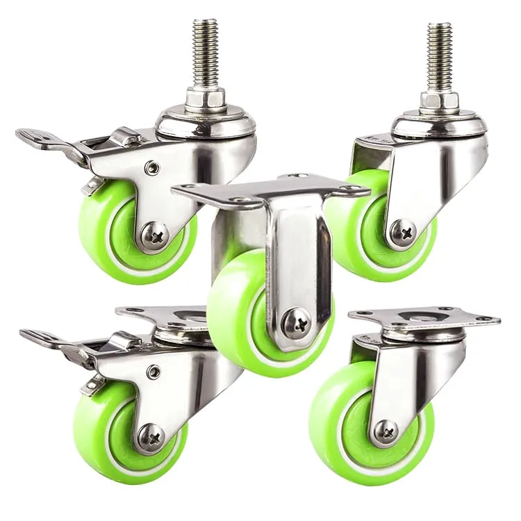 1.5 2 Inch PU Stainless Steel Double Ball Bearing Tiny Toy Office Chair Swivel With Brake Furniture Caster Wheels