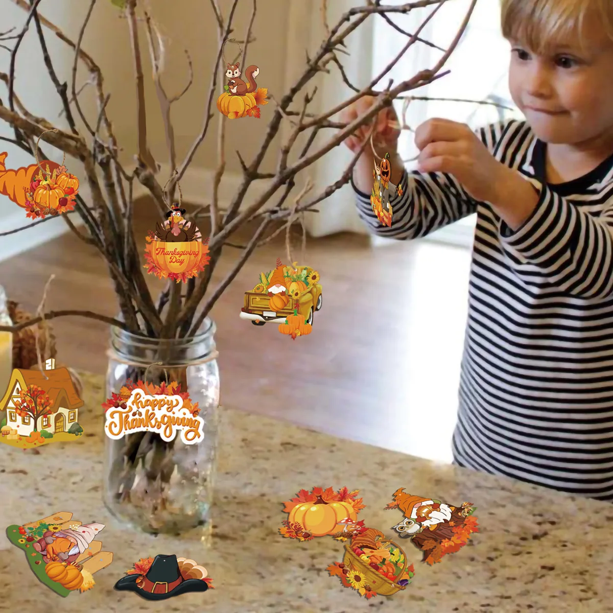Wowei Autumn Thanksgiving Gift Fall Hanging Turkey Pumpkin Paper Pendant Tags Hangtag for Tree