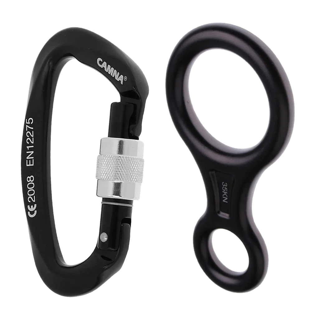 Carabiner + 35KN Figure 8 Rappelling Rope Descender Black 2 In 1 25KN Rock Climbing Screw Lock