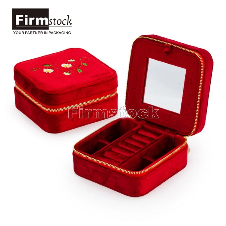 Mini multi-function jewelry storage portable box red velvet jewelry storage box with mirror