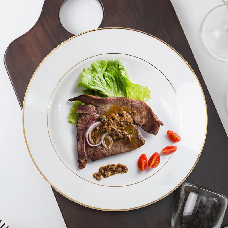 Wholesale Factory Price Simple Elegance Gold Rim Line Bone China Dinner Plate Charger Plates for Star Restaurant and Hotel