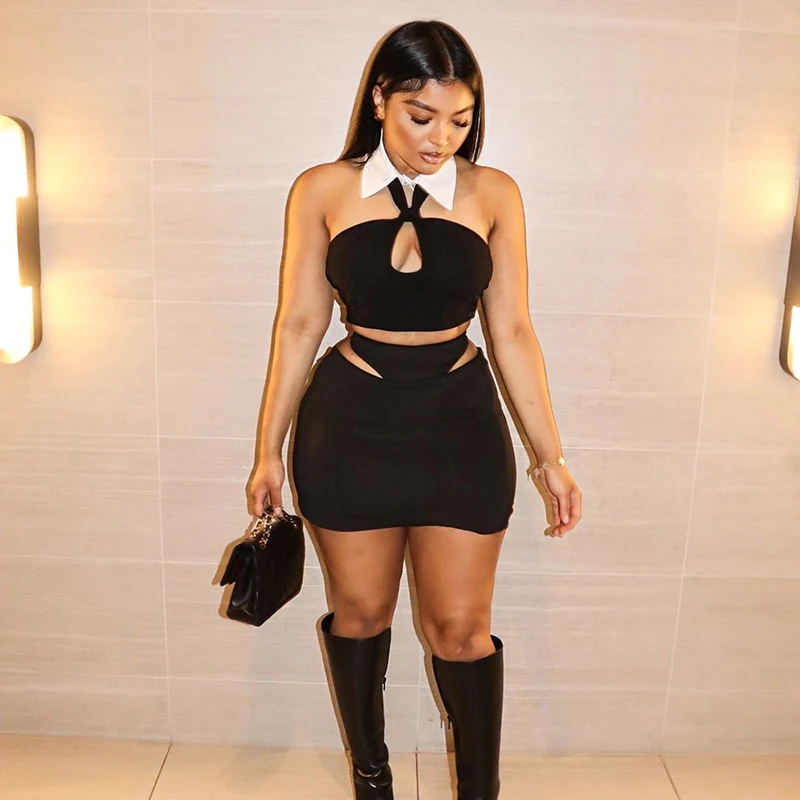 Sexy summer two pieces skirt set with halter backless tank top and mini hip wrap skirt