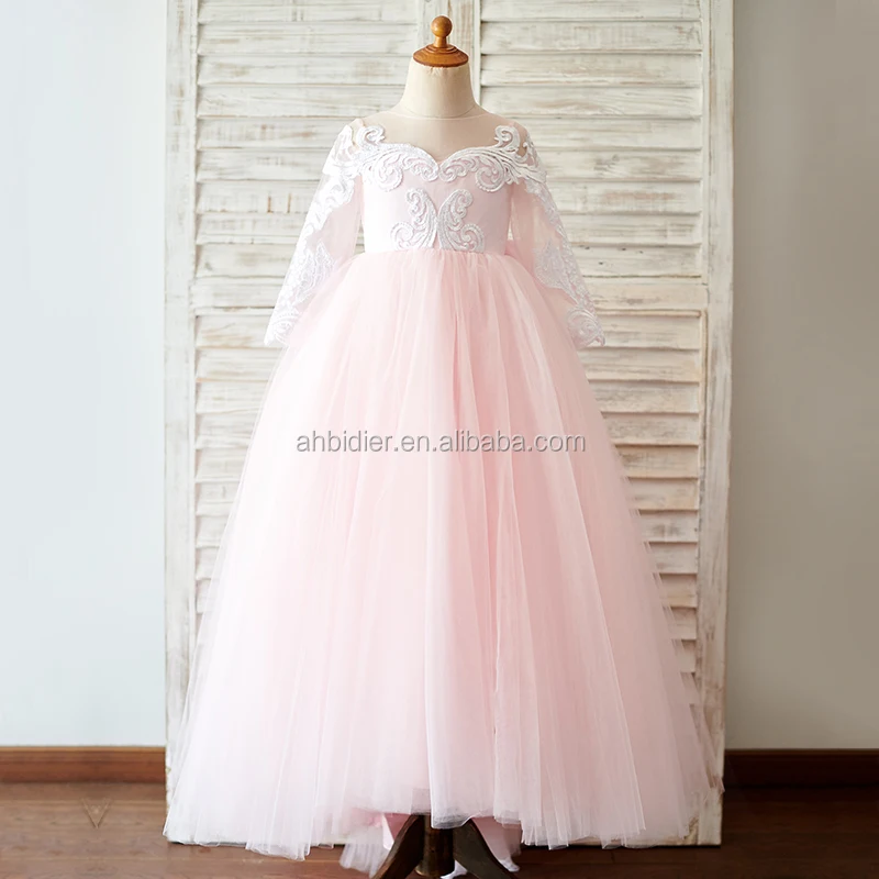 Ball Gown Long Sleeves Pink Lace Tulle Wedding Flower Girl Dress with Train Princess Birthday Party Dress Toddler Dress