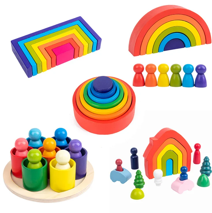 New style Hot Sale Wooden Rainbow House Blocks Toy  Rainbow Tower Stacking Blocks Game Wooden Waldorf Blocks Toys for kids