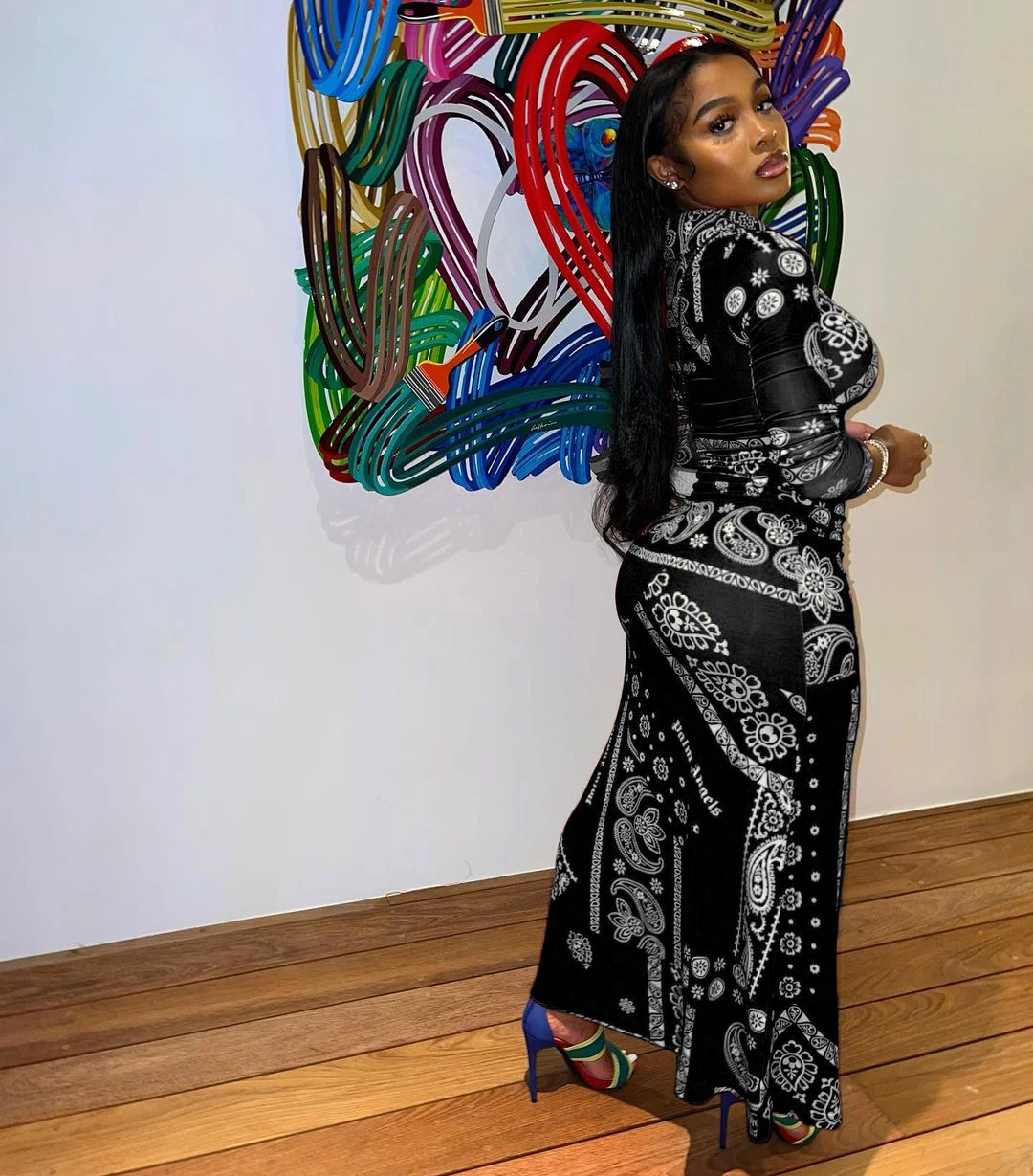 2022 Hot Sell Spring Summer Dresses Women Elegant Casual Bandana Floral Print Dress Long Sleeve Fit and Flare Boho Maxi Dress