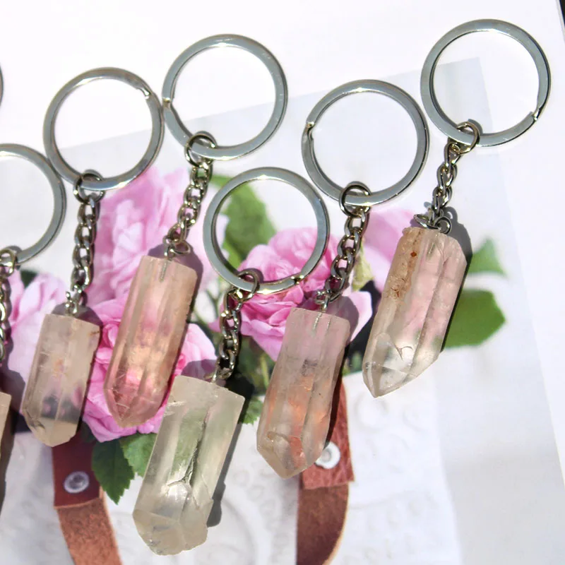 Wholesale Price Natural Gemstone Crystal Key Chain Healing Stone Rough Rock Quartz Crystal Point Keychain For Gift