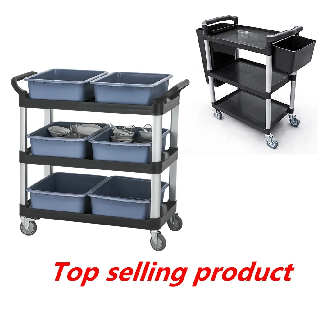 Factory prices hotel restaurant kitchen equipment 3 tier plastic service cart food trolley For black /gray food Serving Trolley