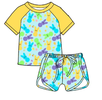 cute yellow rabbit print girls dress shorts summer kids bamboo clothing sets