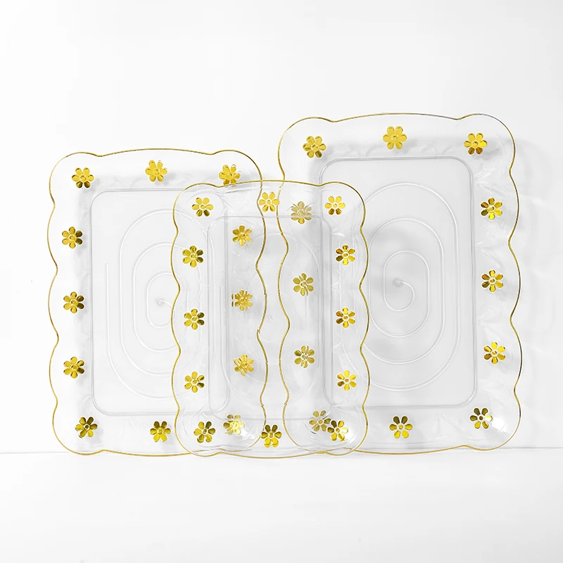 JUMPFOREVER 27.5cm Unbreakable Party Wedding Decorative Gold Flower Edge Clear Transparent PET Plastic Charge Plate