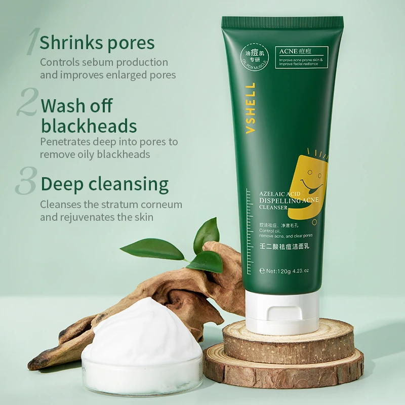 VSHELL Azelaic Acne Face Wash 120g/4.23 Oz Deep Cleansing Anti Acne Oil Control Facial Cleanser For Oily Skin Private Label
