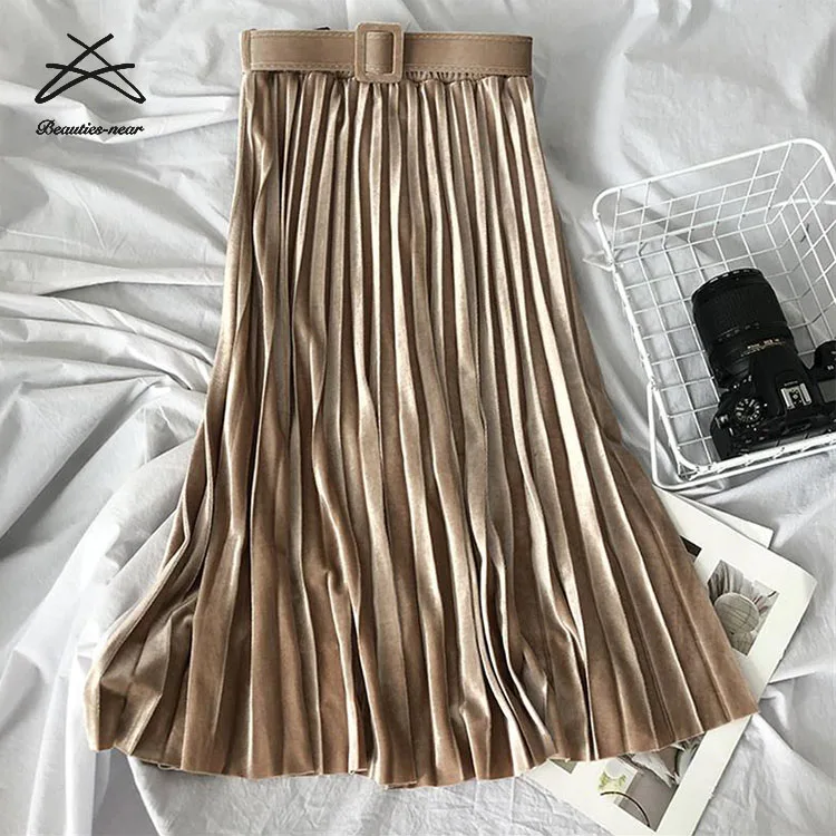 Women Korean Ladies Belt Ladies Velvet Pleated Elegant Womens Aline High Waist Midi Skirts