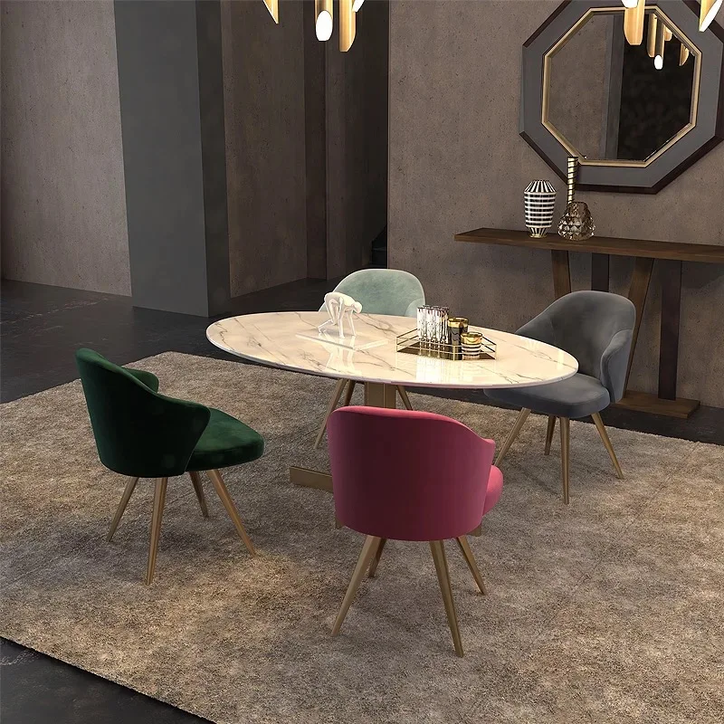 Fashion fancy stainless steel legs velvet chair with back marble top furniture oval dining table