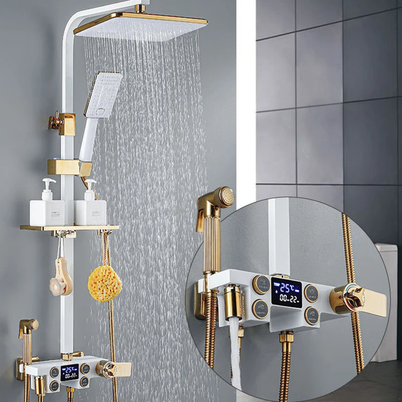 Thermostatic Bathroom Shower Set Rainfall Shower Head Quality Brass Bathtub Mixer Faucet Luxury Digital Bath Black Shower System