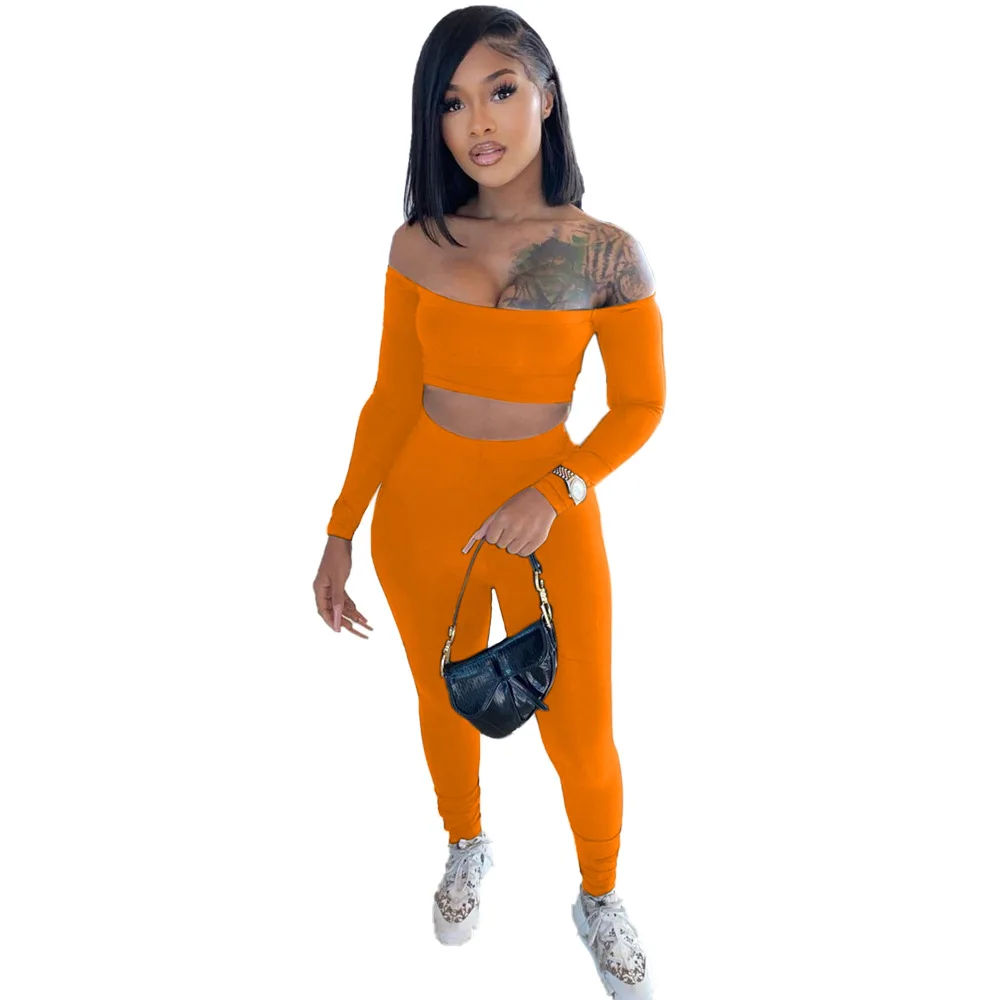 2022 women clothing Solid Woman Match Set Casual Crop Top And High Waist Sweat Pants Sexy Two Piece Pant Set