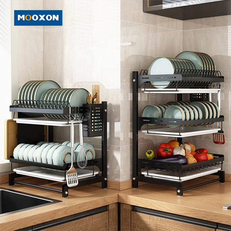 Wall Mount 2  Tier Plate Organizer Countertop Storage Stand Stainless Steel Bowl Drainer Dish Drying Rack With Cutlery Holder