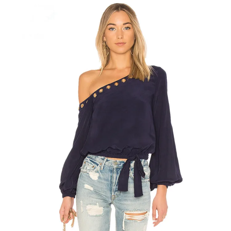 Fahion velvet long sleeve one-shoulder women blouse with hole