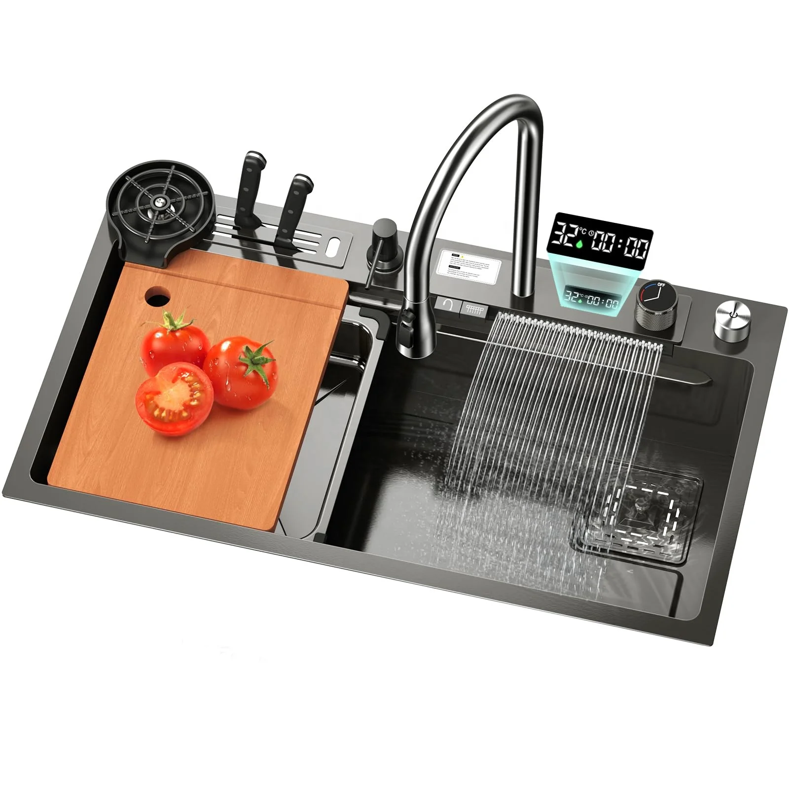 Voriva Modern smart kitchen sinks stainless steel Nano black Digital Display kitchen sink faucet single bowl kitchen sink set