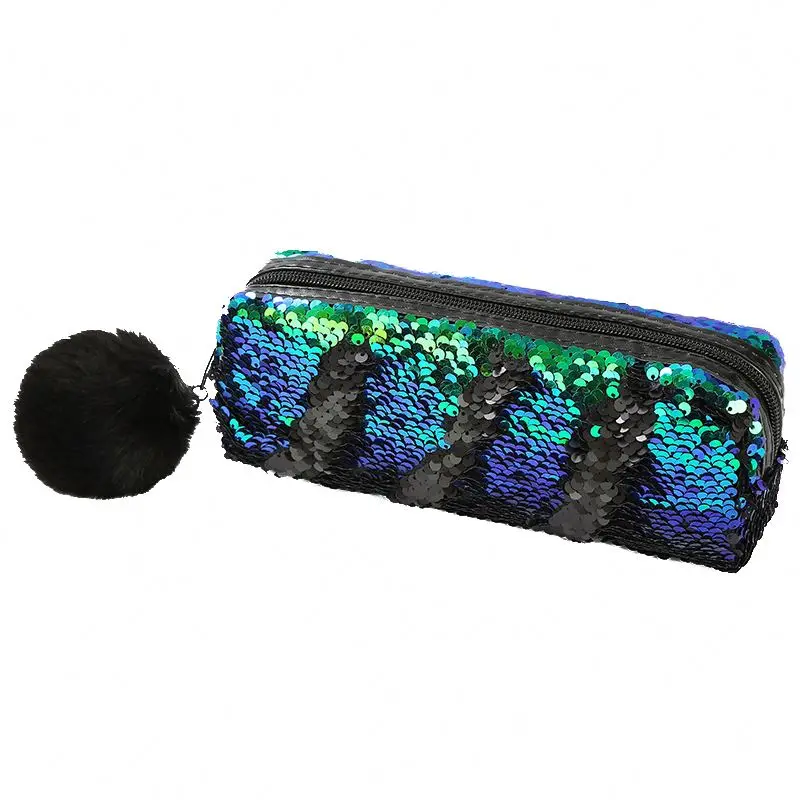 New style fur ball two color paillette pencil bag stationery student make up bag lady Mermaid paillette storage bag