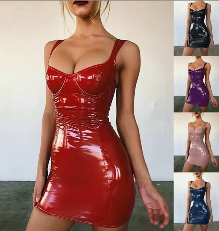 Sexy Pu Leather Bodycon Dress 2022 Summer Women Low Cut XS plus size 3xl 4xl 5xl 6xl Mini Dress Party Club Dress Bandage